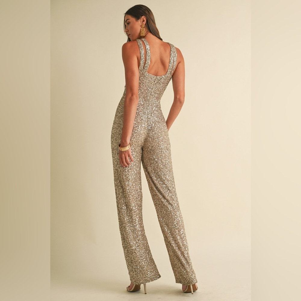 Sequin Halter Neck Cut Out Wide Leg Jumpsuit - EB Luxe - Picture 5 of 7